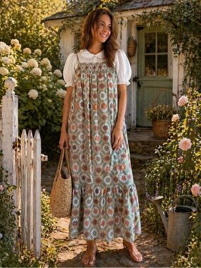 Prairie Farm Cottagecore Boho Country Star Quilt Print Sage Green Maxi Pinafore
